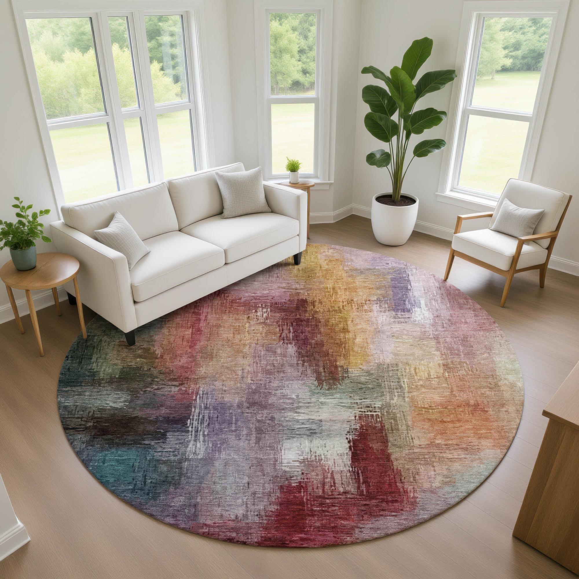 8' Red And Plum Round Abstract Washable Indoor Outdoor Area Rug Homeroots Outdoor