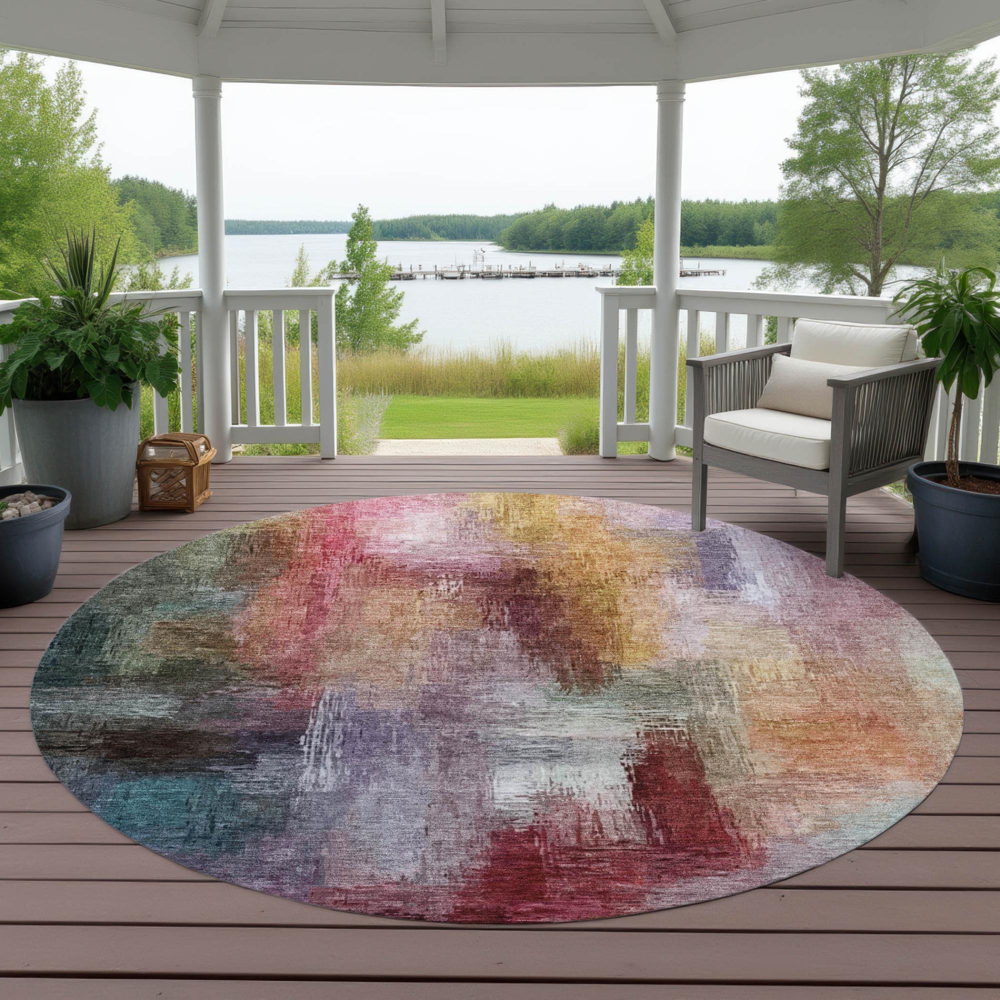 8' Red And Plum Round Abstract Washable Indoor Outdoor Area Rug Homeroots Outdoor