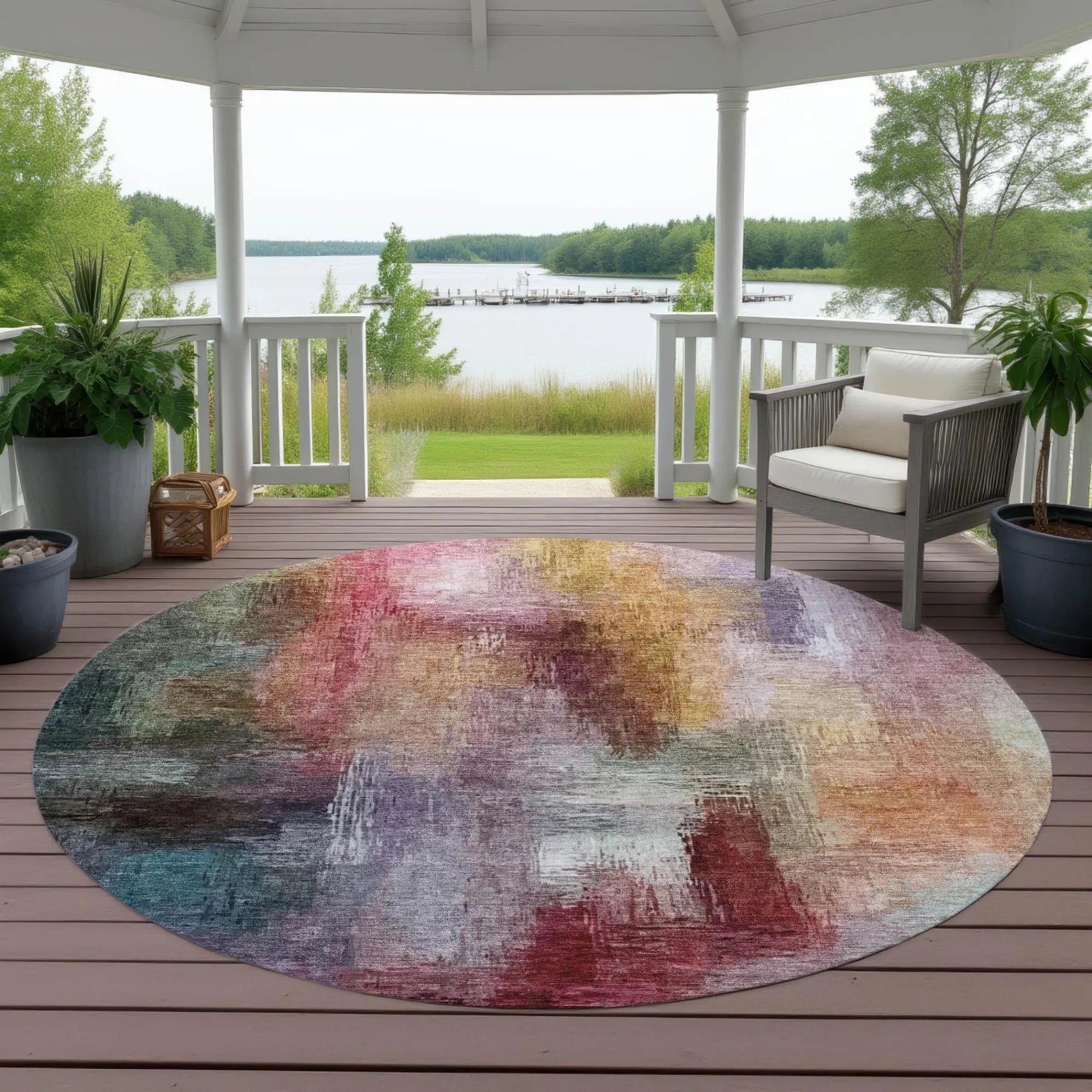 8' Red And Plum Round Abstract Washable Indoor Outdoor Area Rug Homeroots Outdoor