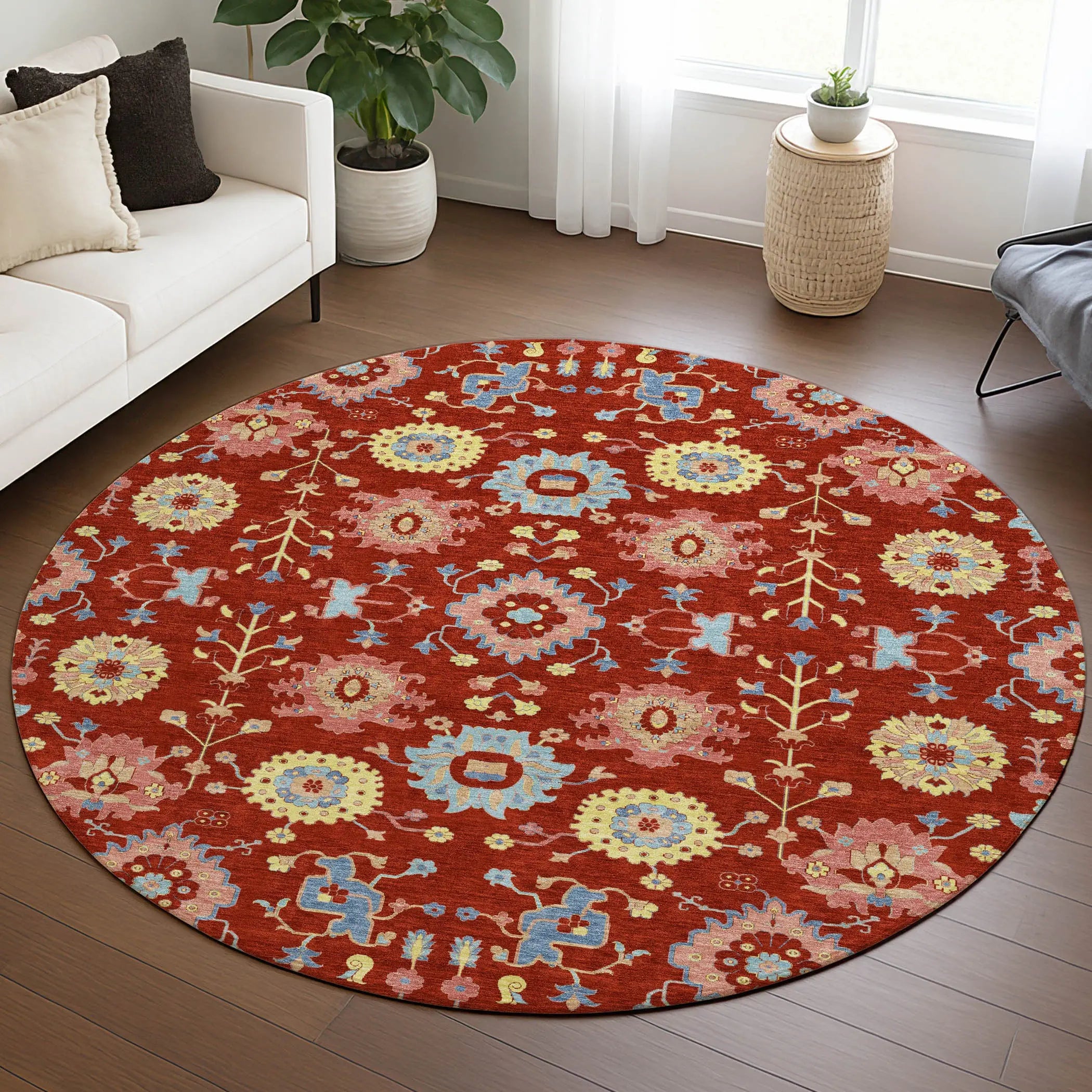 8' Red And Rust Round Geometric Washable Indoor Outdoor Area Rug Homeroots Outdoor