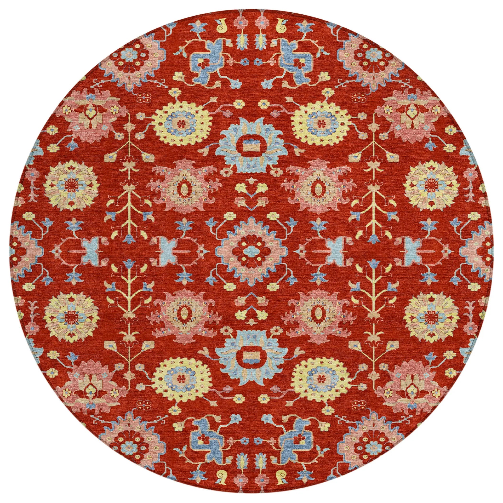 8' Red And Rust Round Geometric Washable Indoor Outdoor Area Rug Homeroots Outdoor