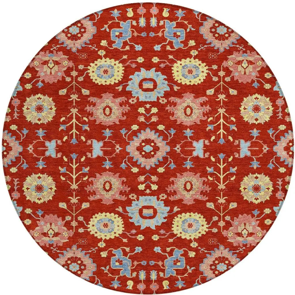 8' Red And Rust Round Geometric Washable Indoor Outdoor Area Rug Homeroots Outdoor