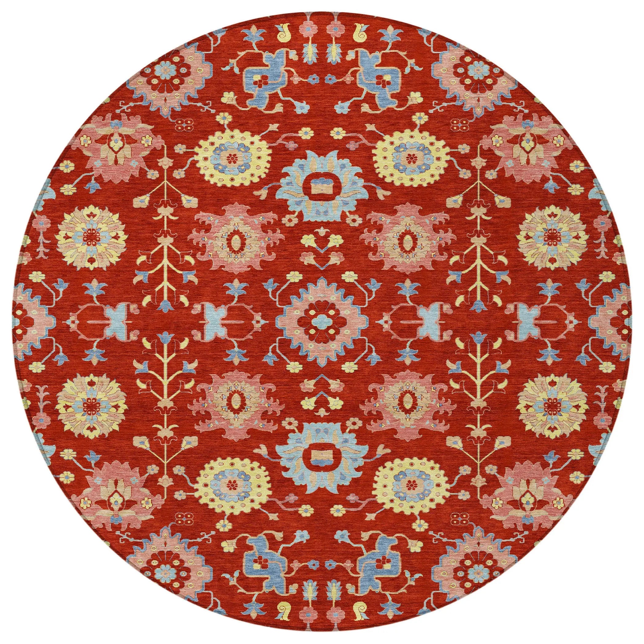 8' Red And Rust Round Geometric Washable Indoor Outdoor Area Rug Homeroots Outdoor