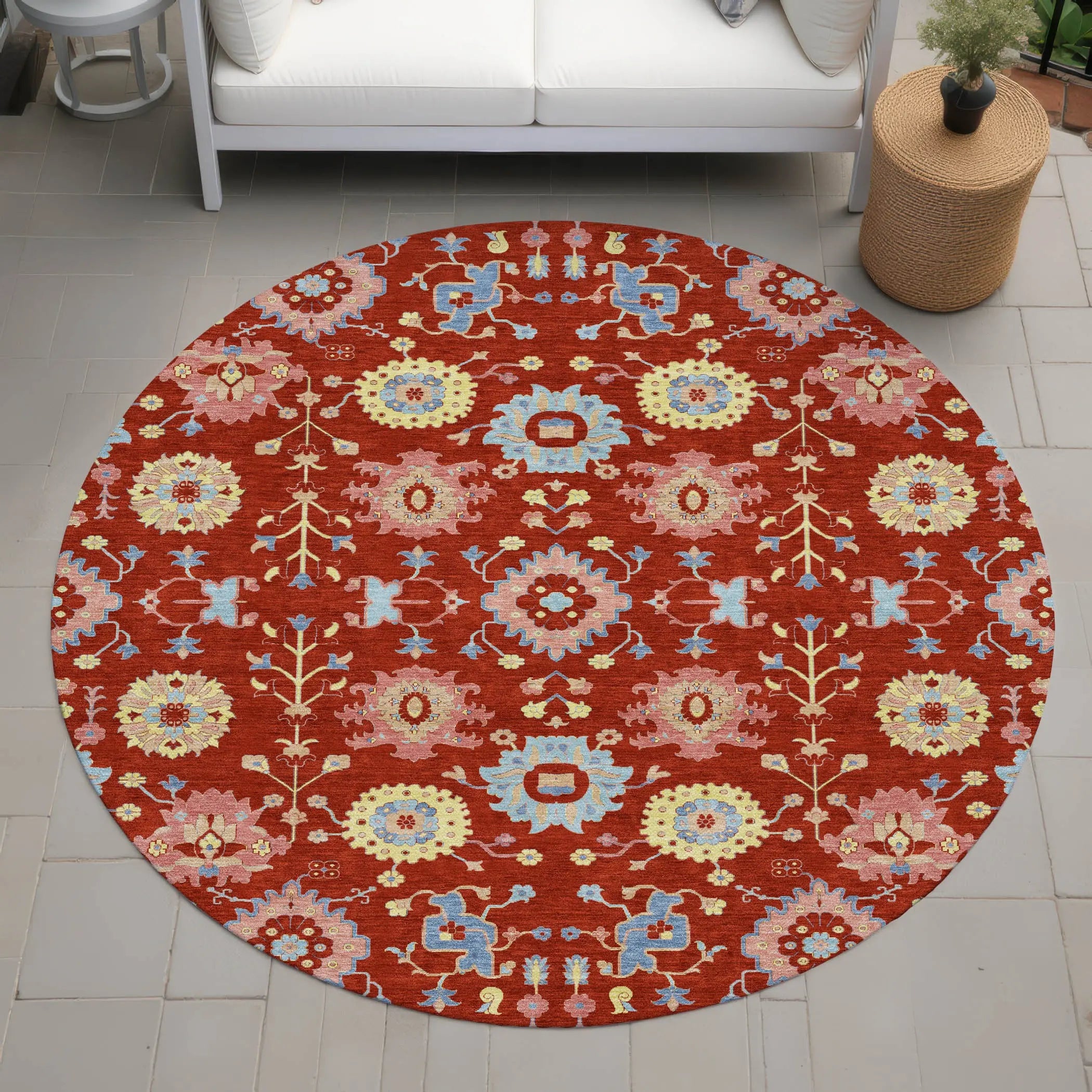 8' Red And Rust Round Geometric Washable Indoor Outdoor Area Rug Homeroots Outdoor