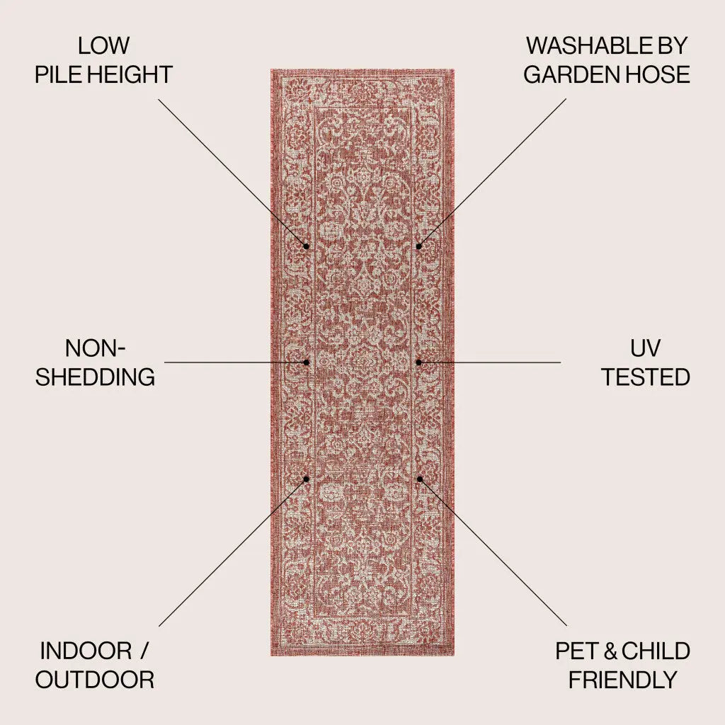 8' Red And Taupe Medallion Indoor Outdoor Runner Rug Homeroots Outdoor