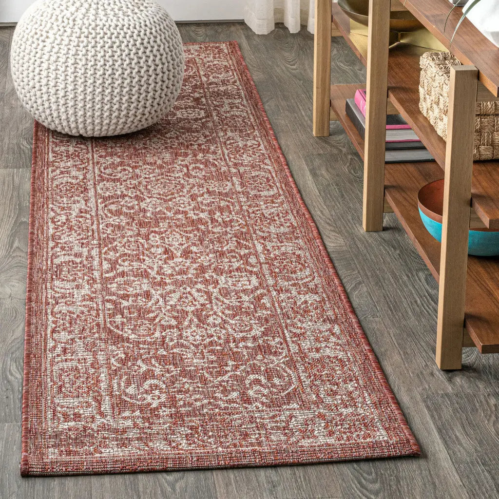 8' Red And Taupe Medallion Indoor Outdoor Runner Rug Homeroots Outdoor