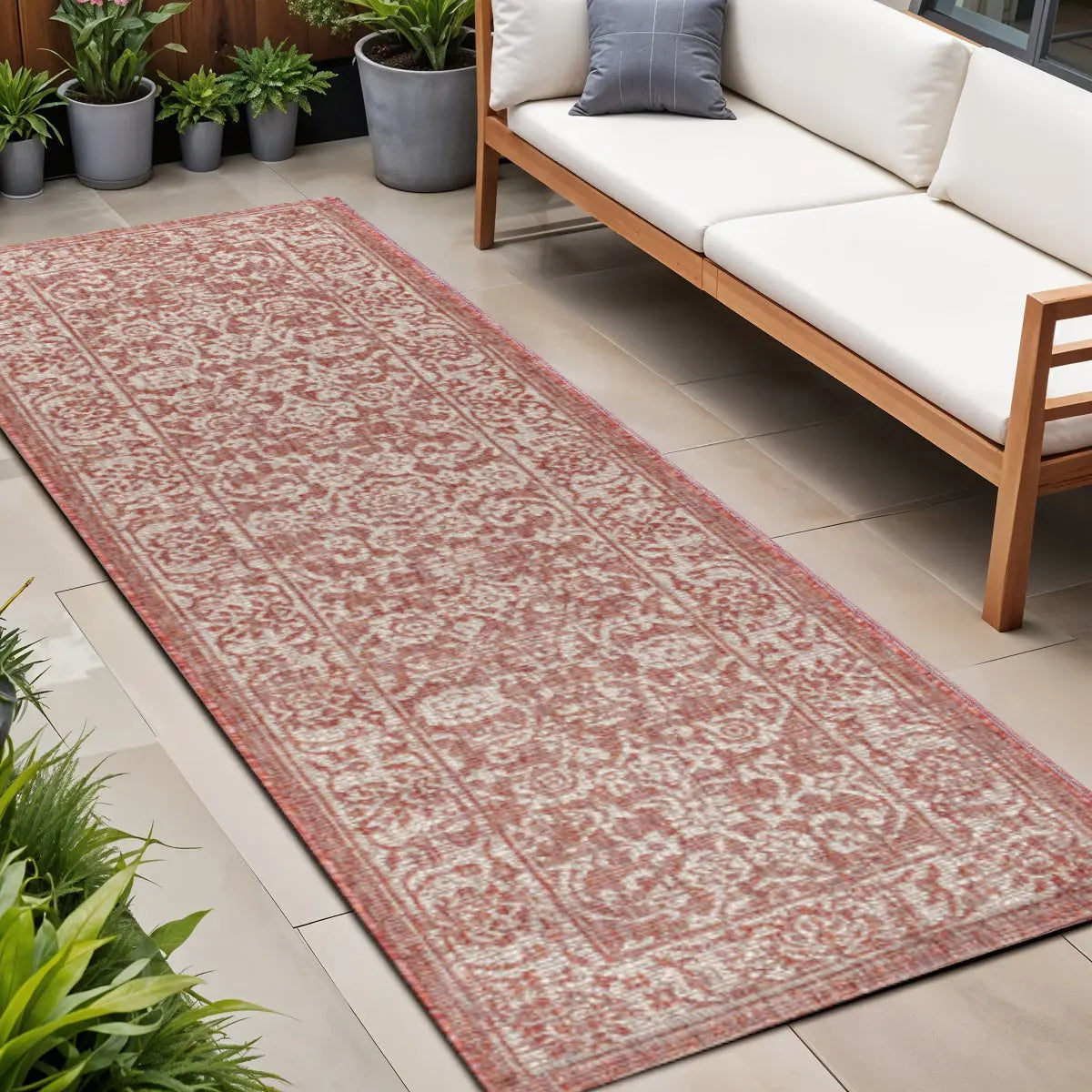 8' Red And Taupe Medallion Indoor Outdoor Runner Rug Homeroots Outdoor