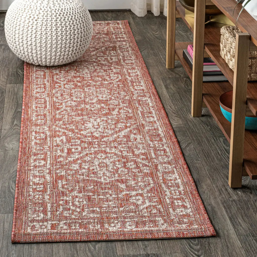 8' Red And Taupe Medallion Indoor Outdoor Runner Rug Homeroots Outdoor