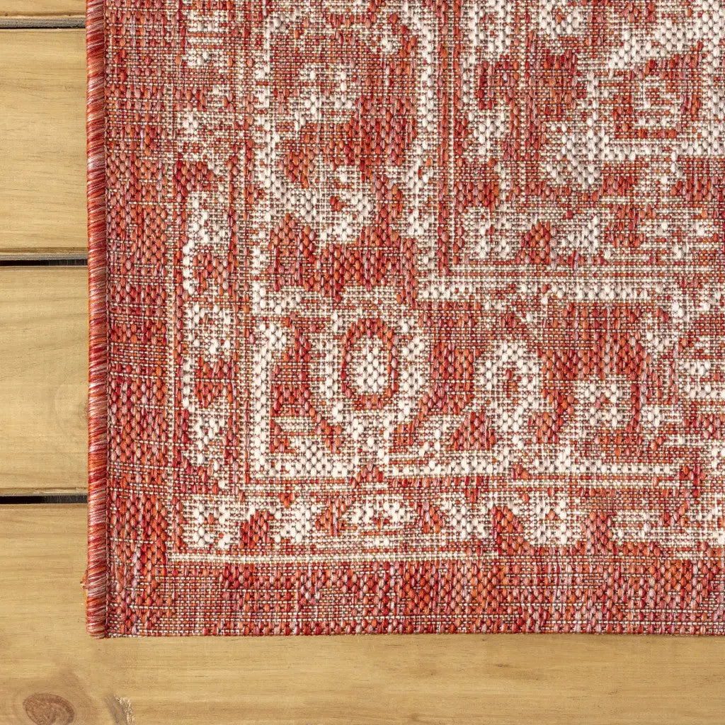 8' Red And Taupe Medallion Indoor Outdoor Runner Rug Homeroots Outdoor