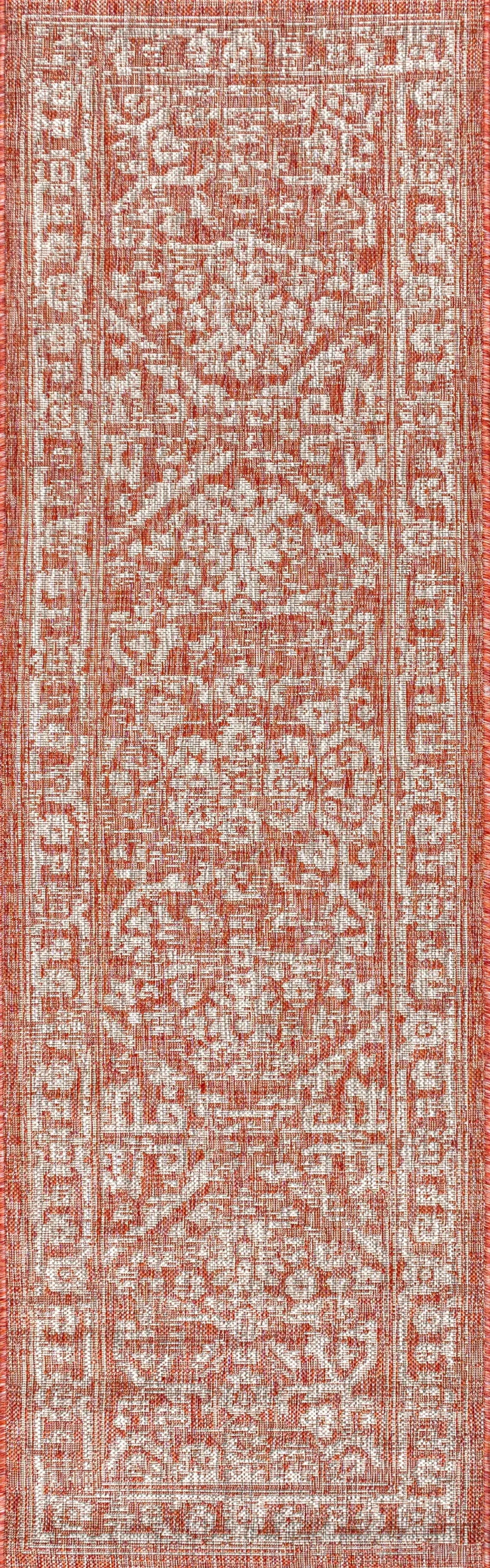 8' Red And Taupe Medallion Indoor Outdoor Runner Rug Homeroots Outdoor