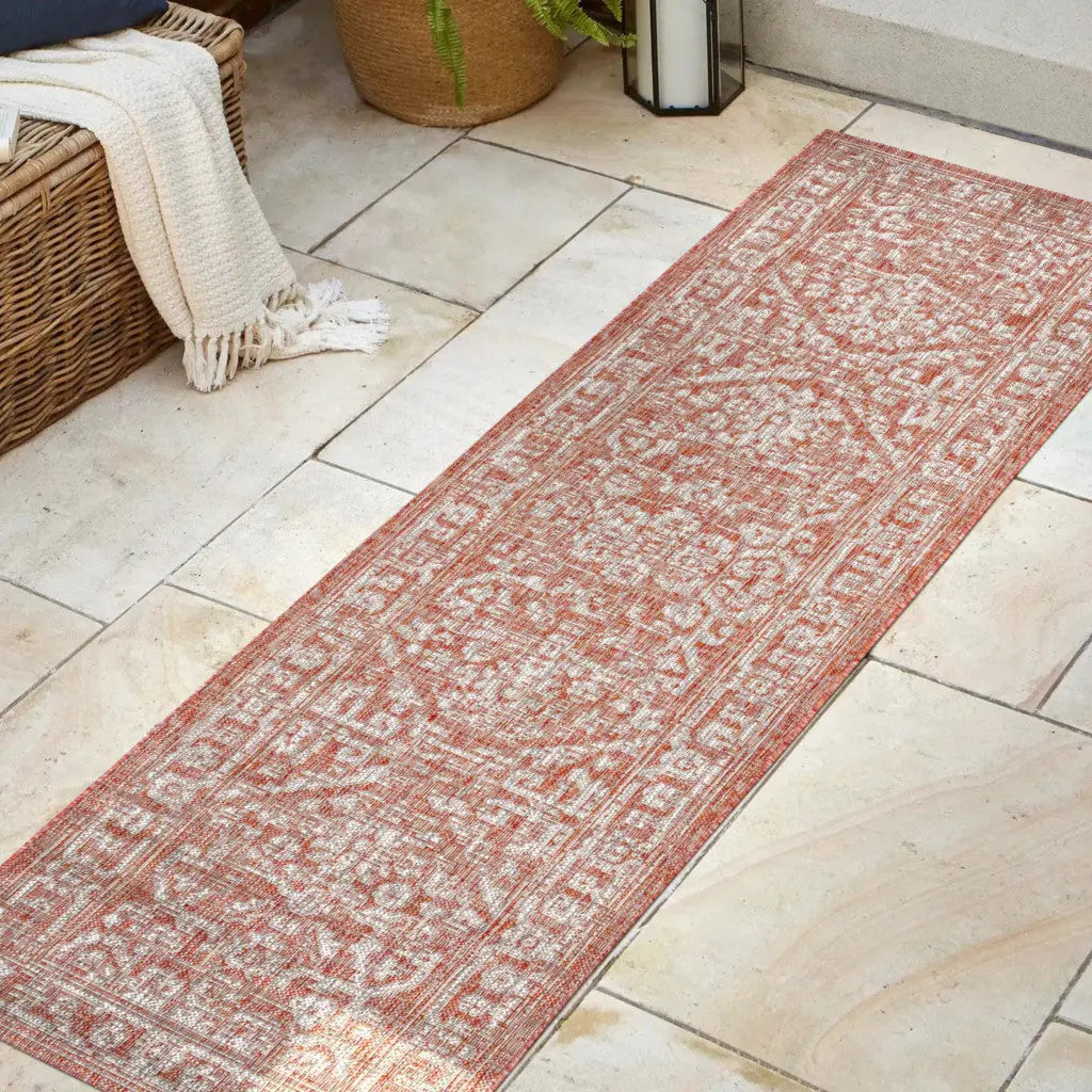 8' Red And Taupe Medallion Indoor Outdoor Runner Rug Homeroots Outdoor