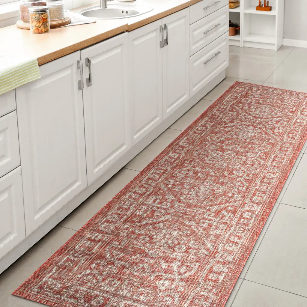 8' Red And Taupe Medallion Indoor Outdoor Runner Rug Homeroots Outdoor