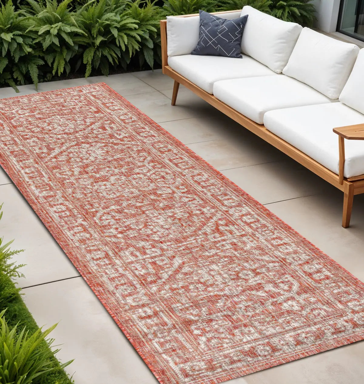 8' Red And Taupe Medallion Indoor Outdoor Runner Rug Homeroots Outdoor