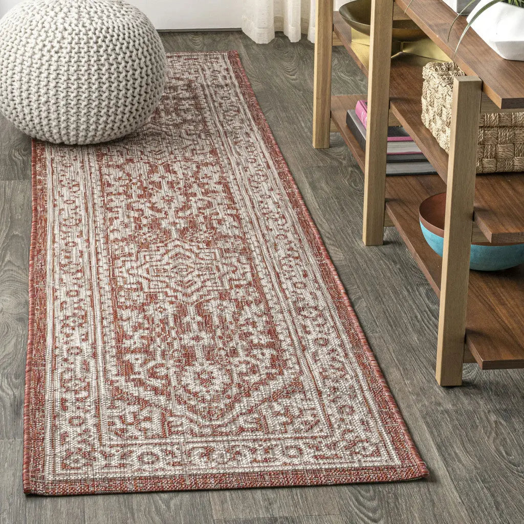 8' Red And Taupe Medallion Indoor Outdoor Runner Rug Homeroots Outdoor