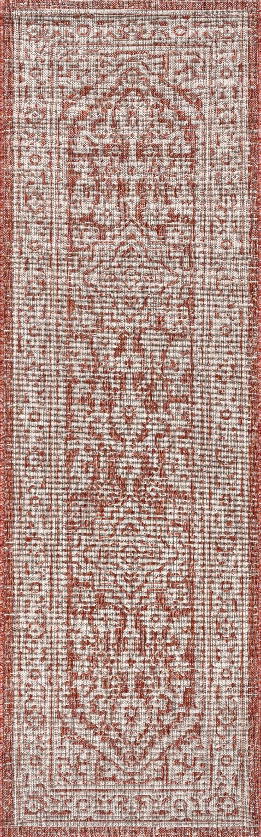 8' Red And Taupe Medallion Indoor Outdoor Runner Rug Homeroots Outdoor