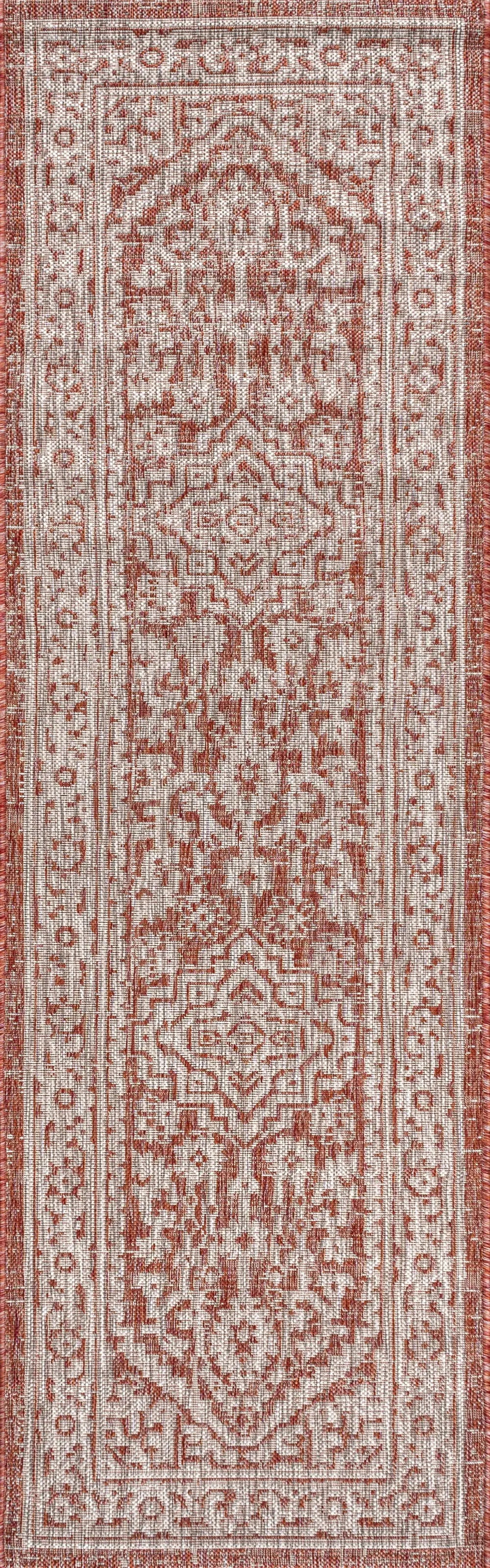 8' Red And Taupe Medallion Indoor Outdoor Runner Rug Homeroots Outdoor