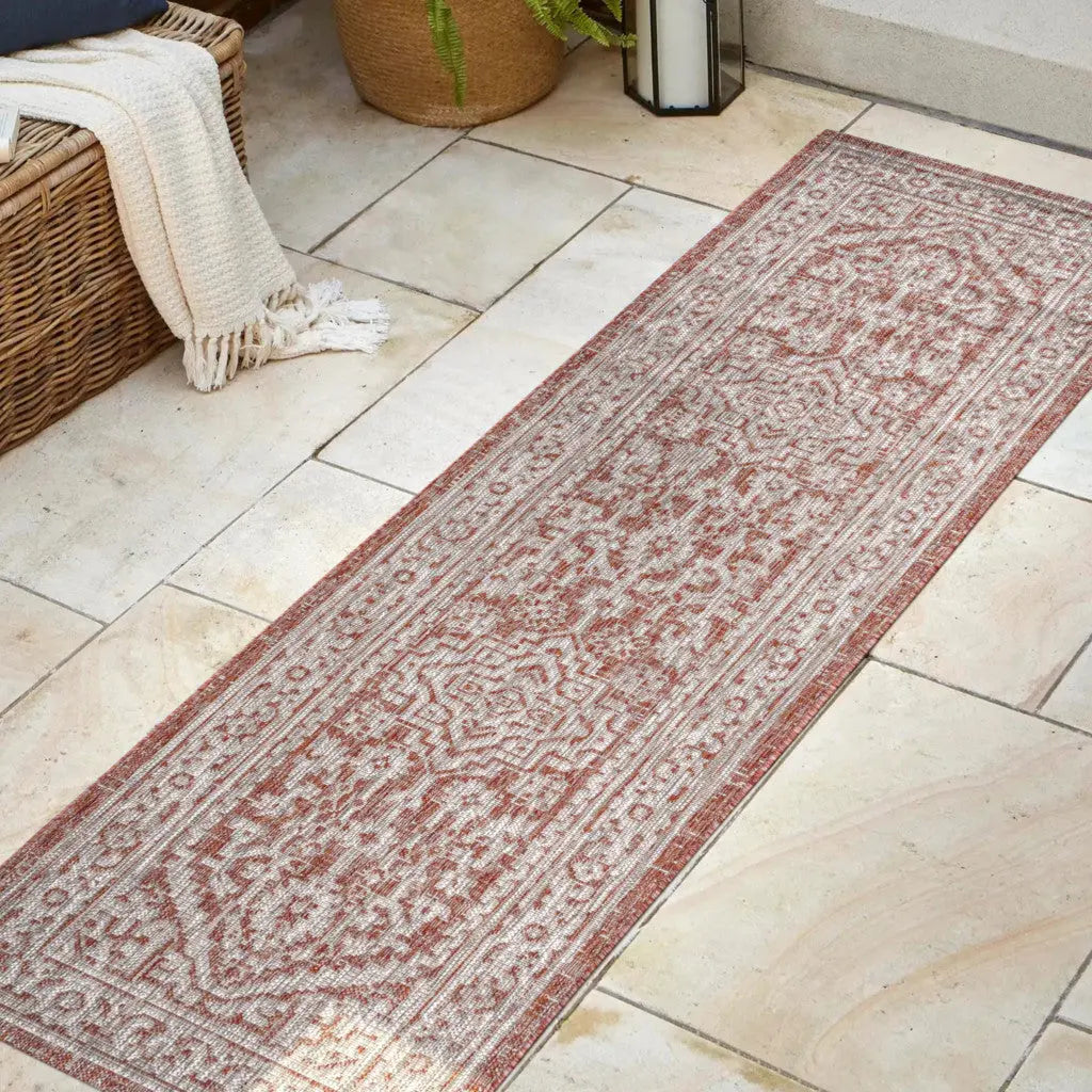 8' Red And Taupe Medallion Indoor Outdoor Runner Rug Homeroots Outdoor