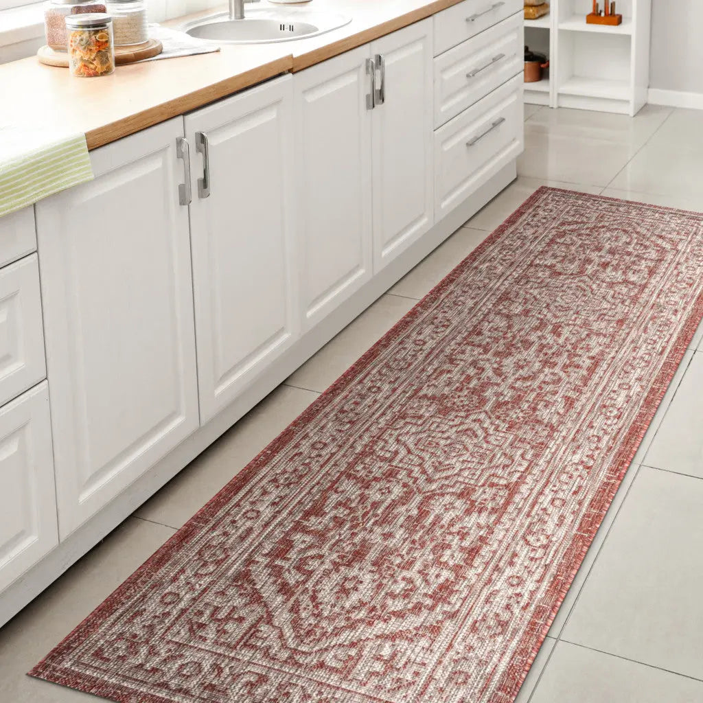 8' Red And Taupe Medallion Indoor Outdoor Runner Rug Homeroots Outdoor