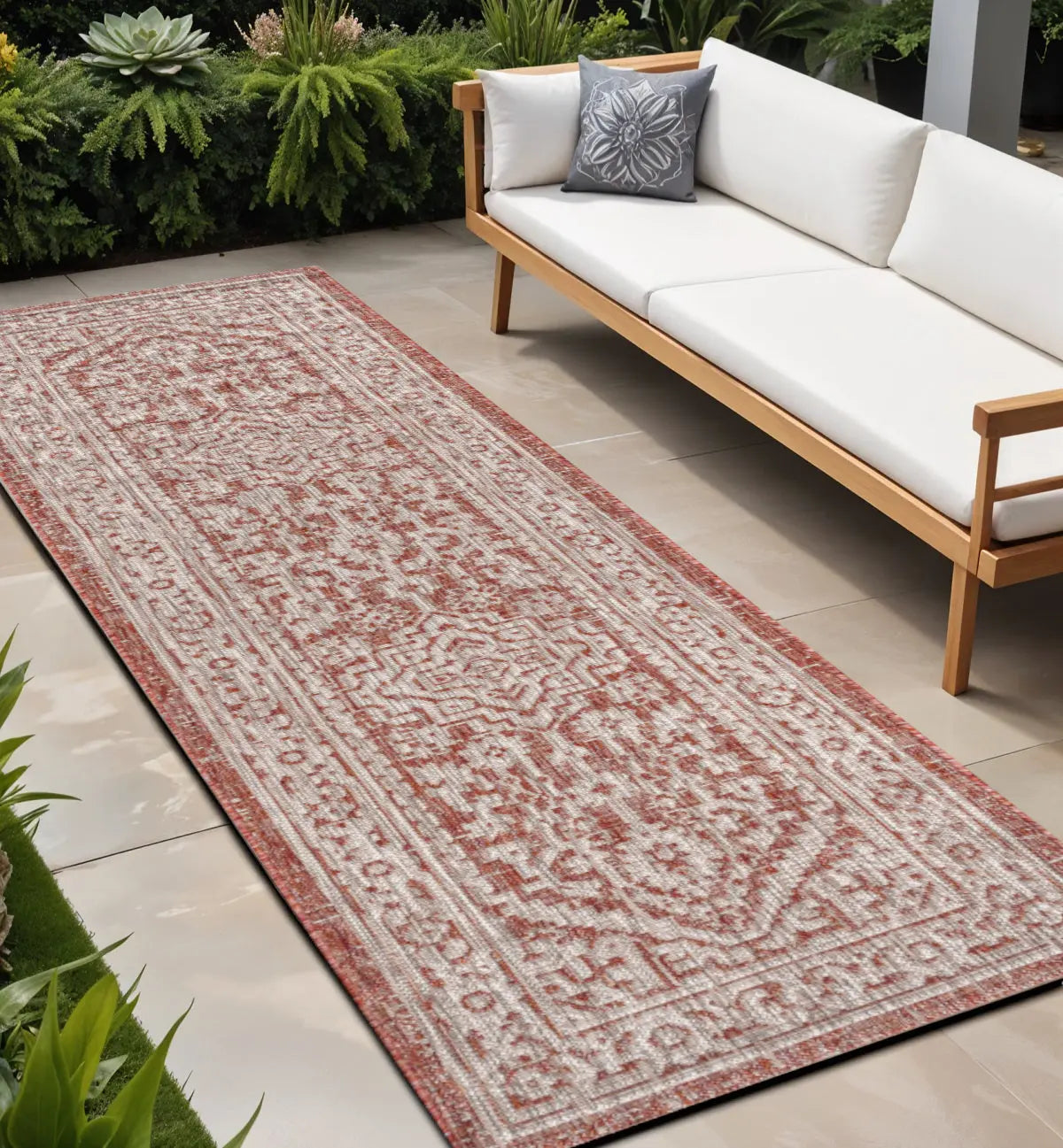 8' Red And Taupe Medallion Indoor Outdoor Runner Rug Homeroots Outdoor