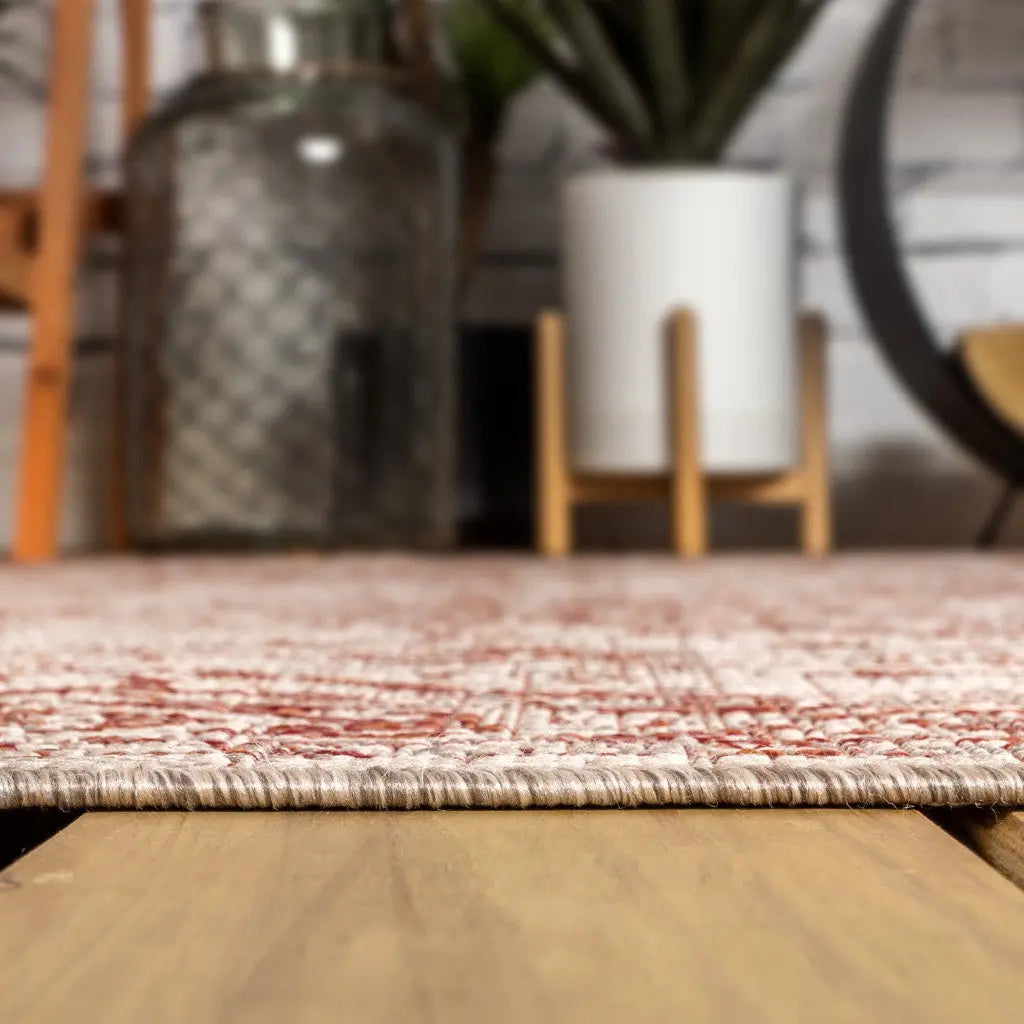 8' Red And Taupe Medallion Indoor Outdoor Runner Rug Homeroots Outdoor