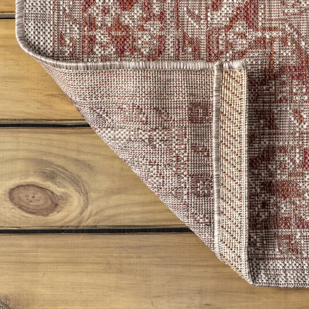 8' Red And Taupe Medallion Indoor Outdoor Runner Rug Homeroots Outdoor