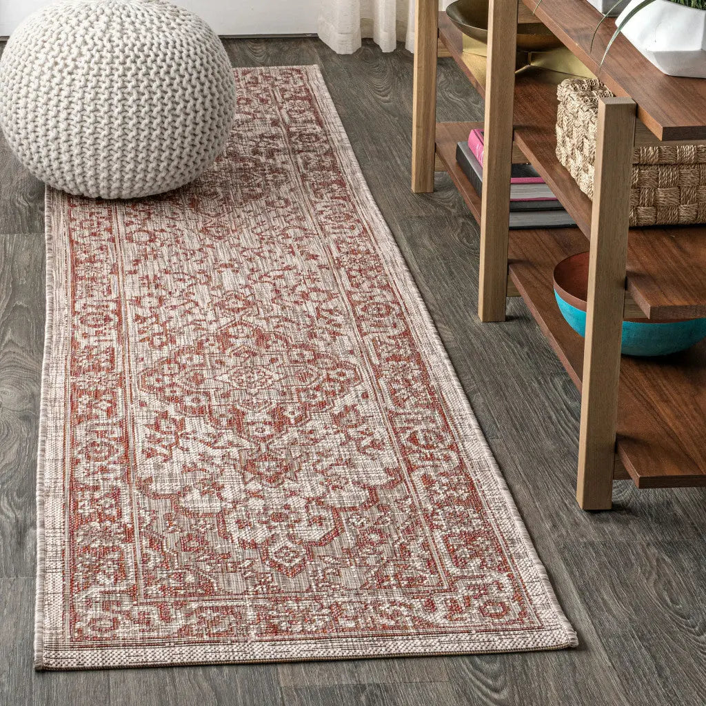 8' Red And Taupe Medallion Indoor Outdoor Runner Rug Homeroots Outdoor