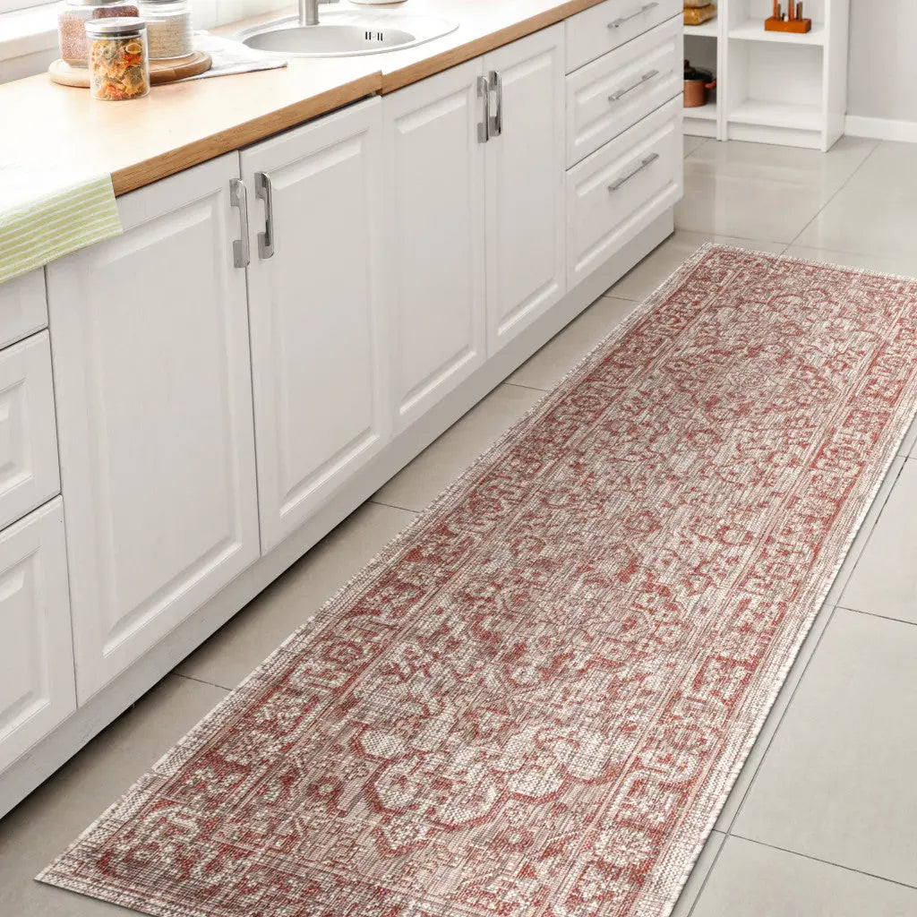 8' Red And Taupe Medallion Indoor Outdoor Runner Rug Homeroots Outdoor