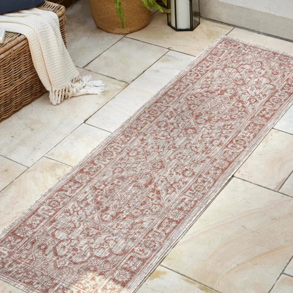 8' Red And Taupe Medallion Indoor Outdoor Runner Rug Homeroots Outdoor