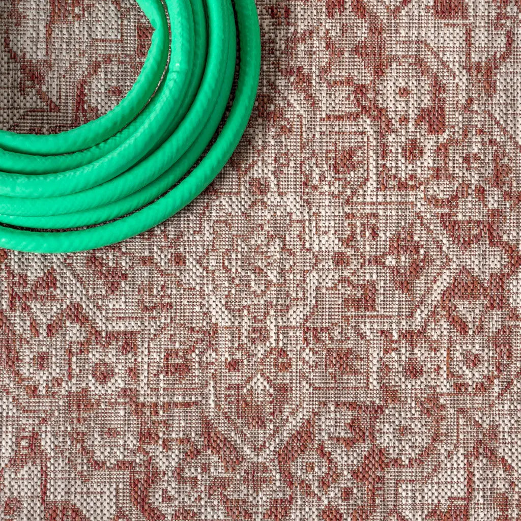 8' Red And Taupe Medallion Indoor Outdoor Runner Rug Homeroots Outdoor
