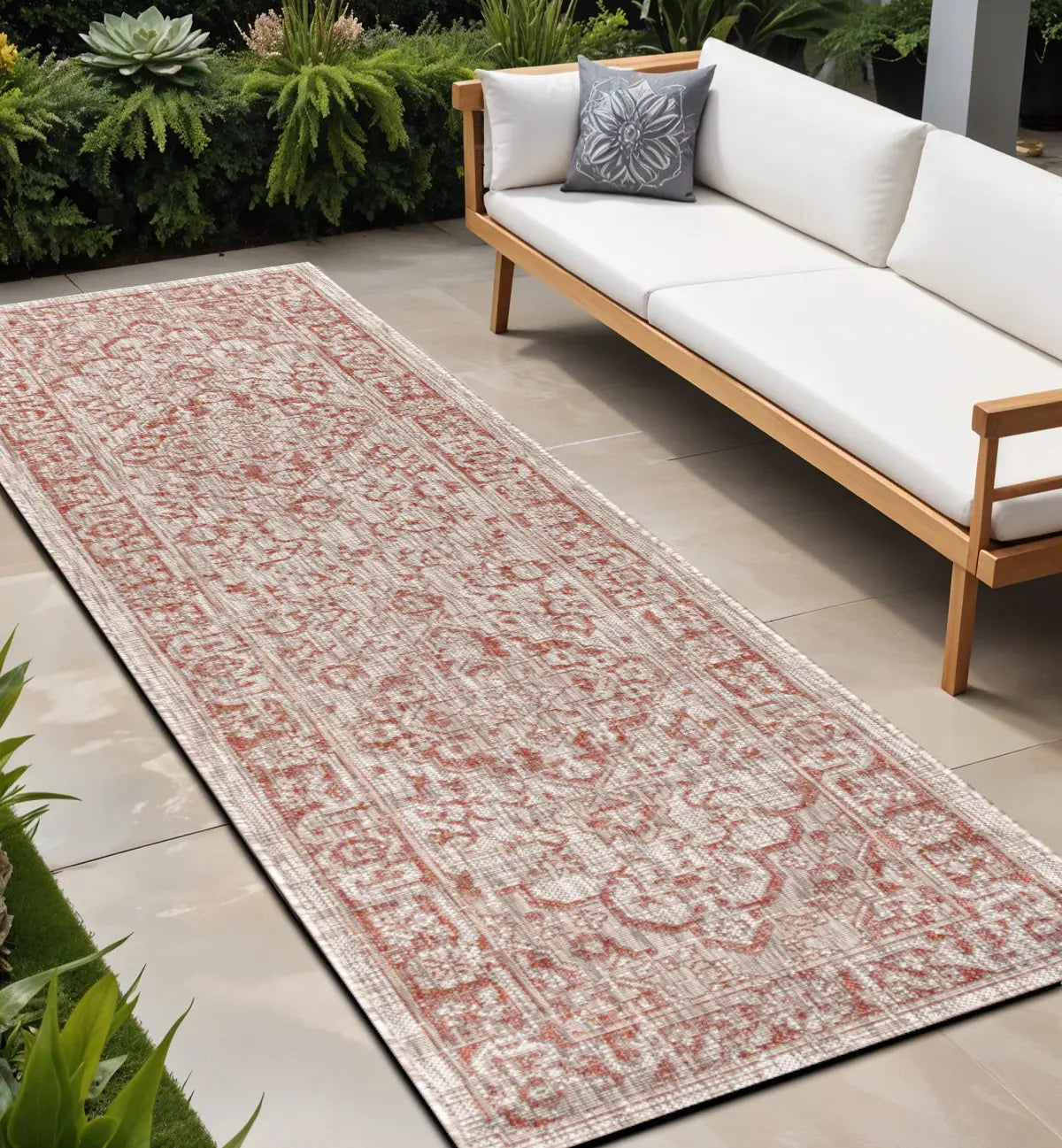 8' Red And Taupe Medallion Indoor Outdoor Runner Rug Homeroots Outdoor