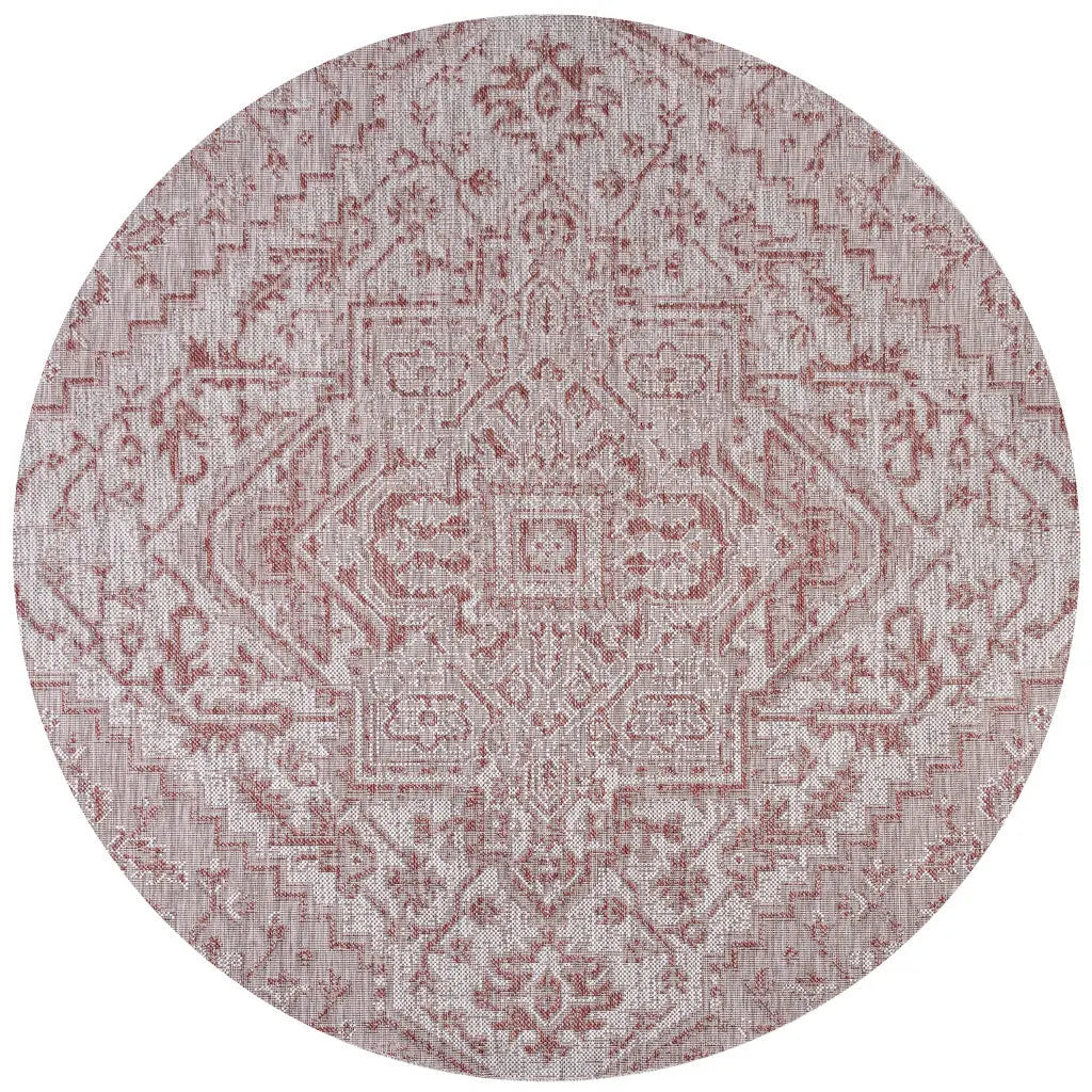 8' Red And Taupe Round Medallion Indoor Outdoor Area Rug Homeroots Outdoor