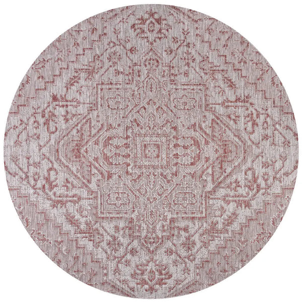 8' Red And Taupe Round Medallion Indoor Outdoor Area Rug Homeroots Outdoor