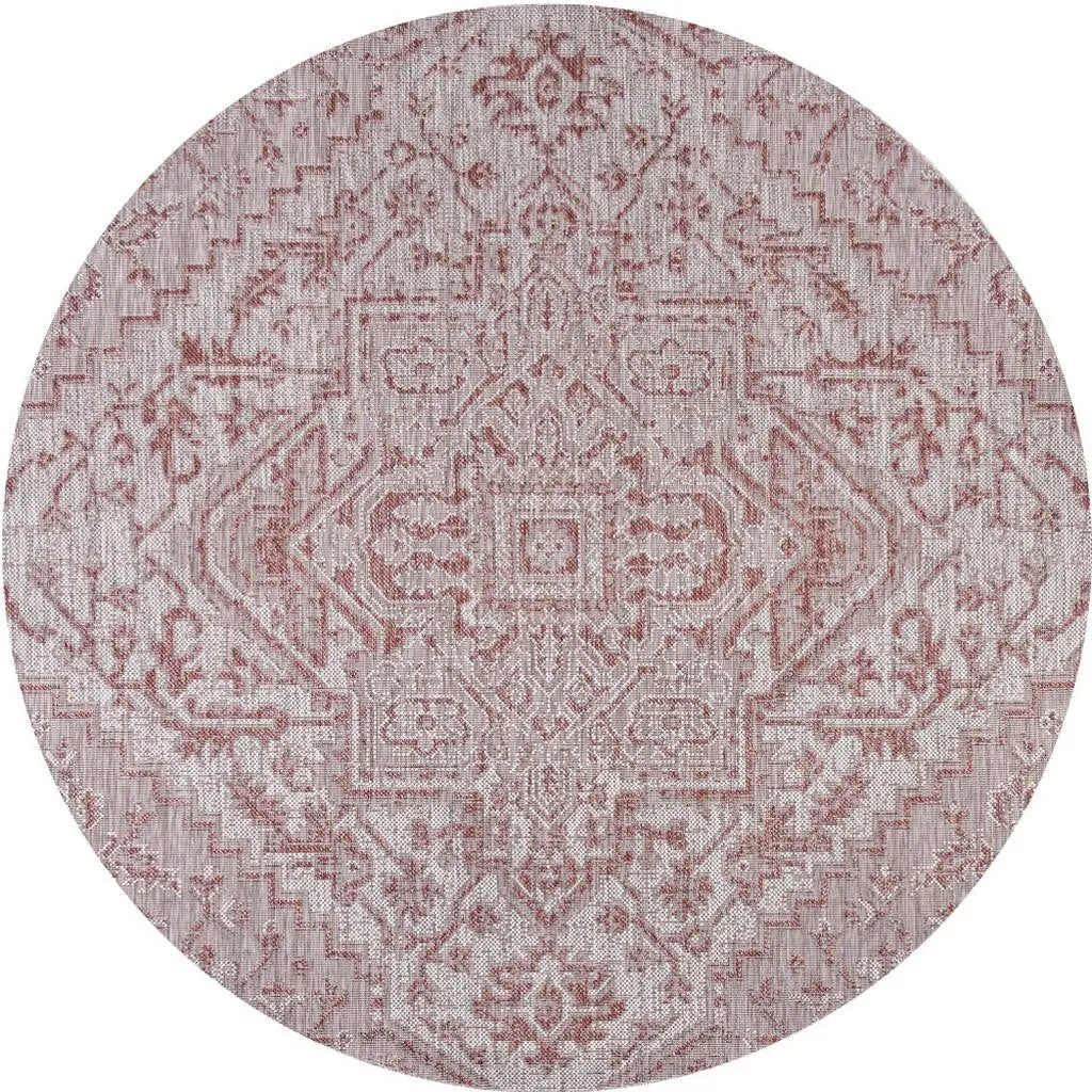8' Red And Taupe Round Medallion Indoor Outdoor Area Rug Homeroots Outdoor