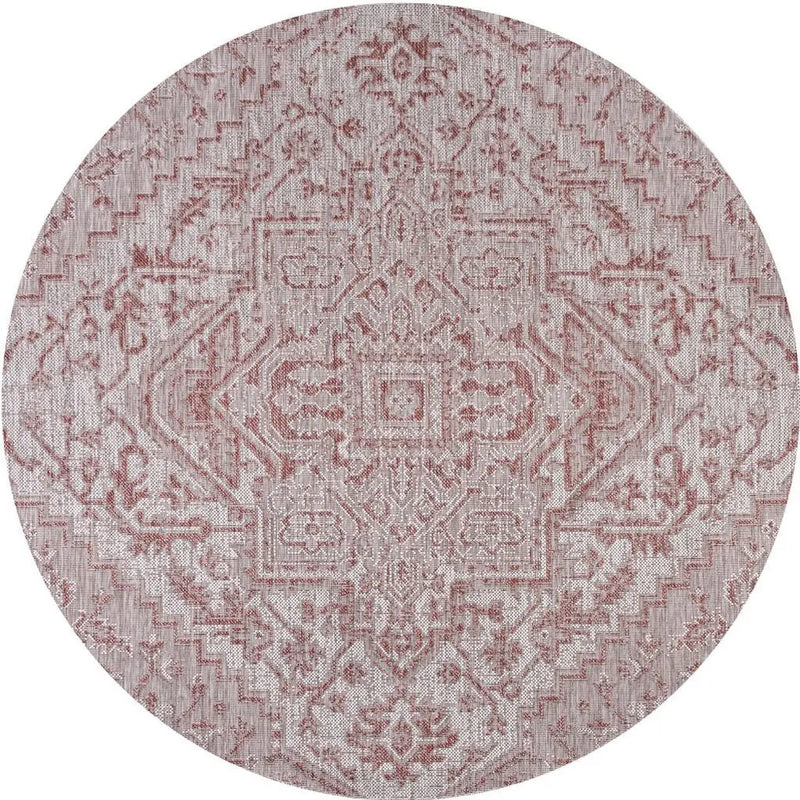8' Red And Taupe Round Medallion Indoor Outdoor Area Rug Homeroots Outdoor