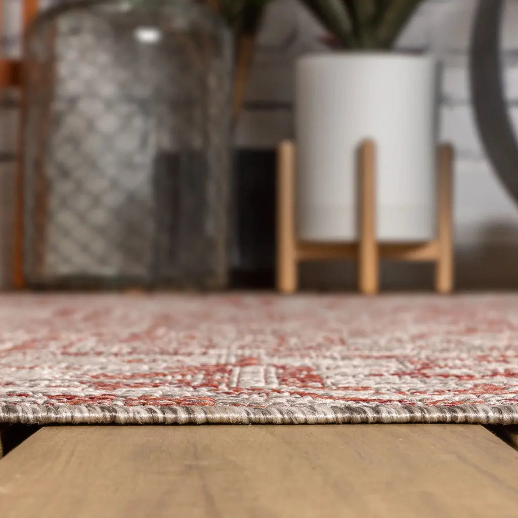8' Red And Taupe Round Medallion Indoor Outdoor Area Rug Homeroots Outdoor