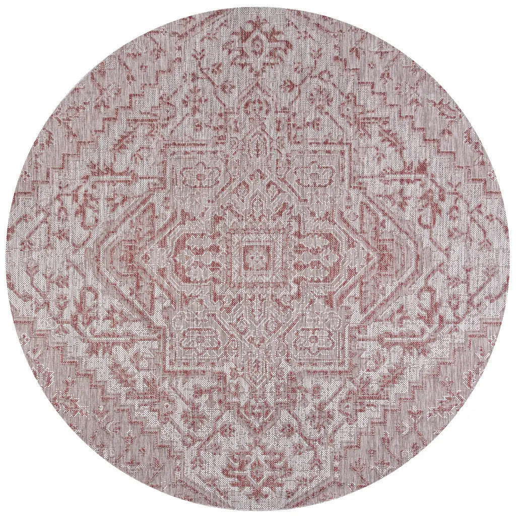 8' Red And Taupe Round Medallion Indoor Outdoor Area Rug Homeroots Outdoor