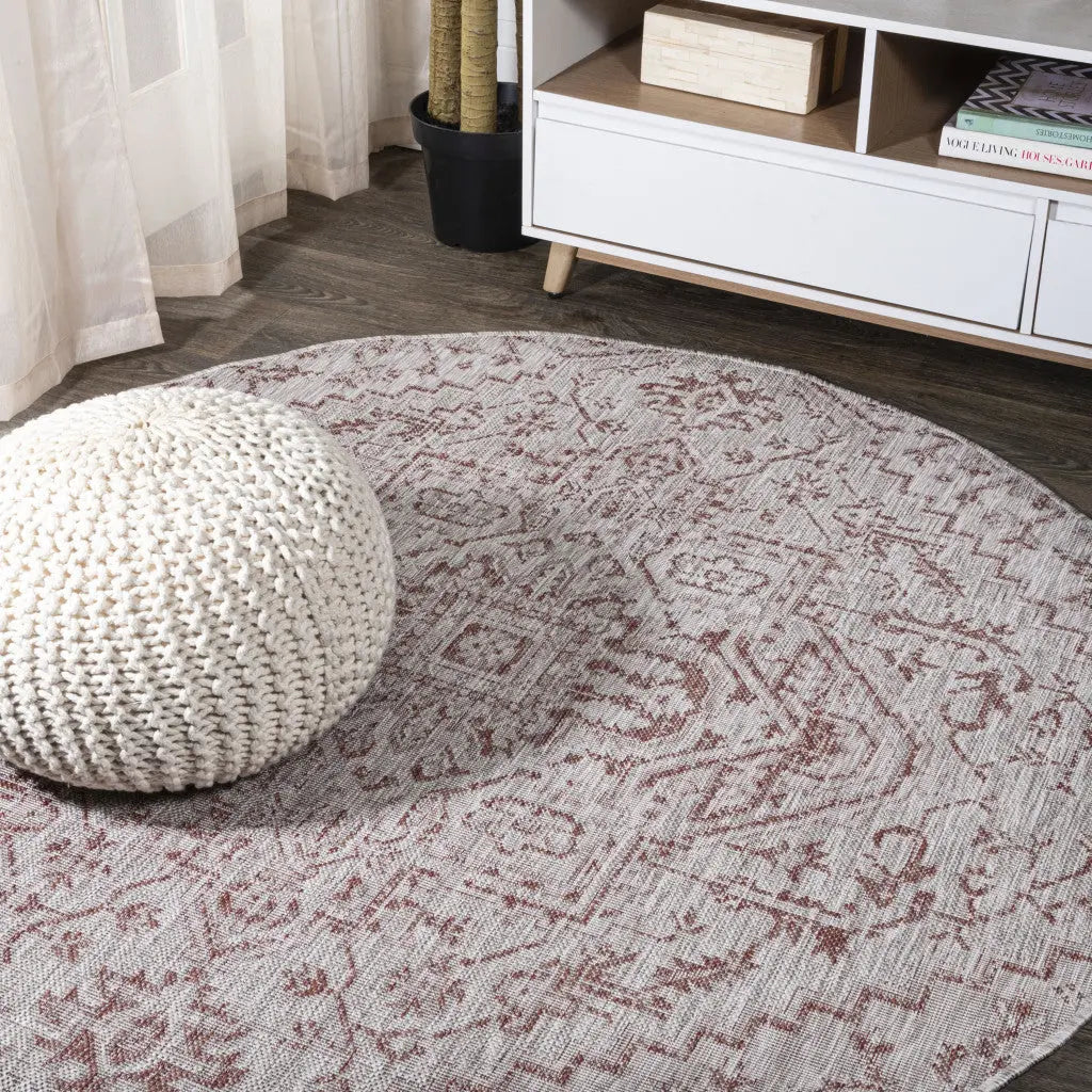 8' Red And Taupe Round Medallion Indoor Outdoor Area Rug Homeroots Outdoor