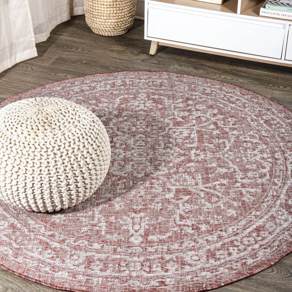 8' Red And Taupe Round Medallion Indoor Outdoor Area Rug Homeroots Outdoor