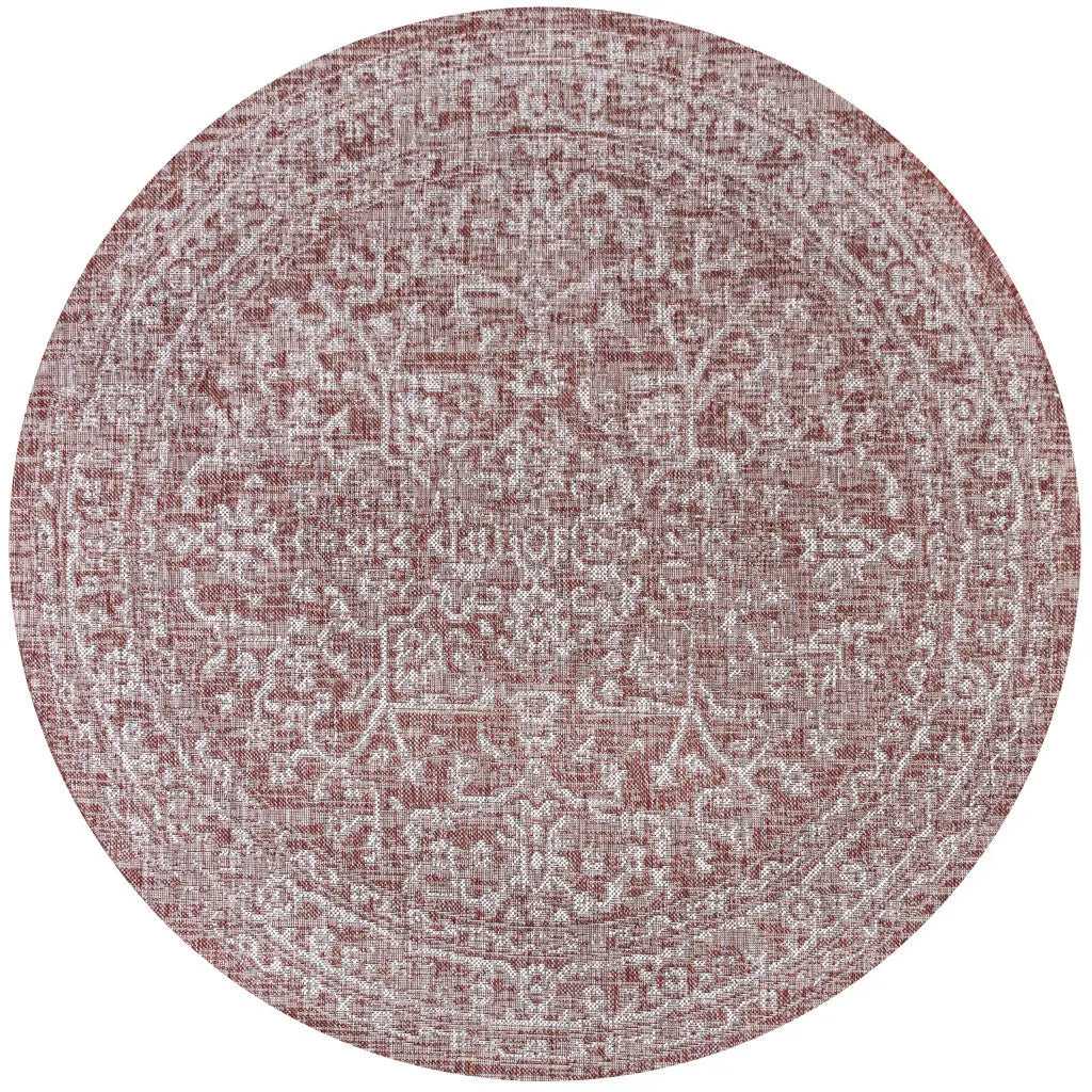 8' Red And Taupe Round Medallion Indoor Outdoor Area Rug Homeroots Outdoor