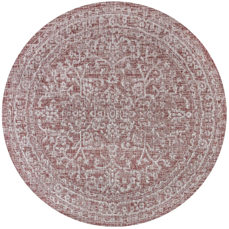 8' Red And Taupe Round Medallion Indoor Outdoor Area Rug Homeroots Outdoor