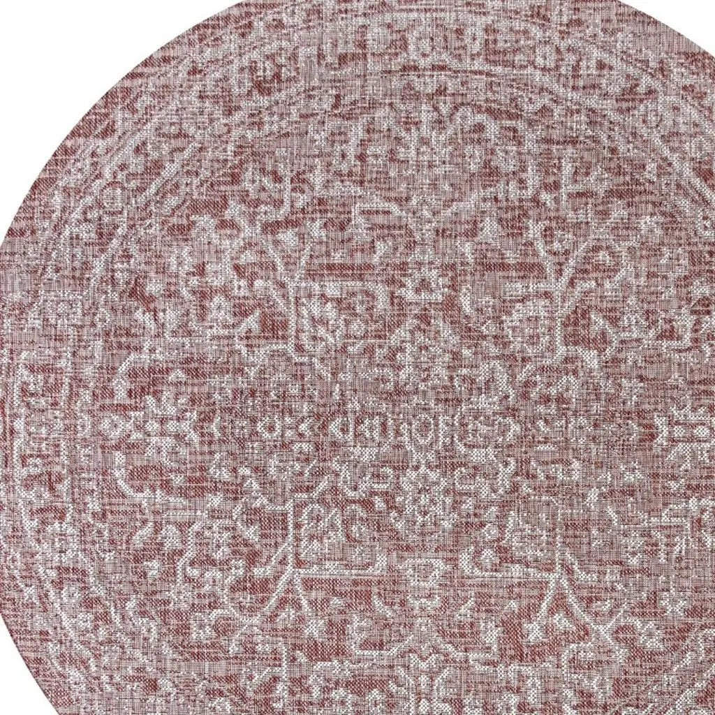 8' Red And Taupe Round Medallion Indoor Outdoor Area Rug Homeroots Outdoor