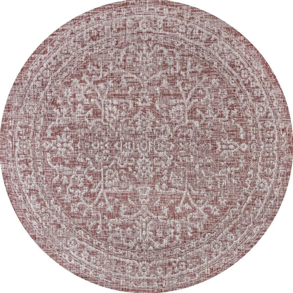 8' Red And Taupe Round Medallion Indoor Outdoor Area Rug Homeroots Outdoor