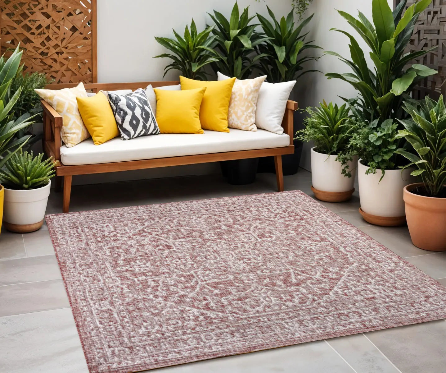 8' Red And Taupe Square Medallion Indoor Outdoor Area Rug Homeroots Outdoor