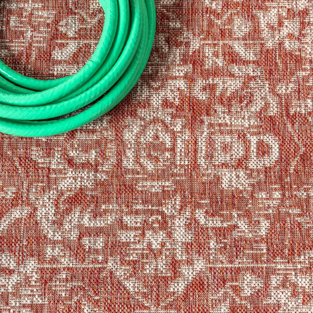 8' Red And Taupe Square Medallion Indoor Outdoor Area Rug Homeroots Outdoor