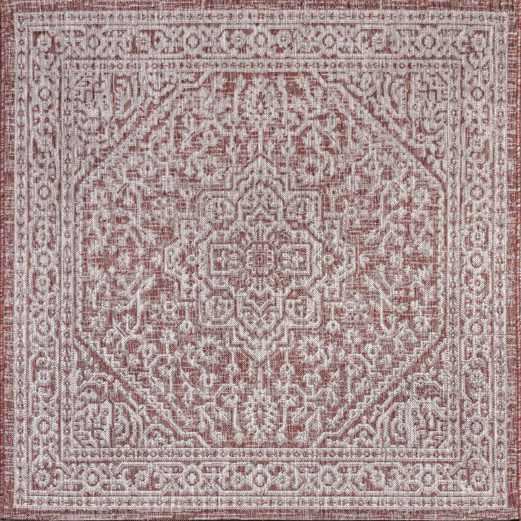 8' Red And Taupe Square Medallion Indoor Outdoor Area Rug Homeroots Outdoor