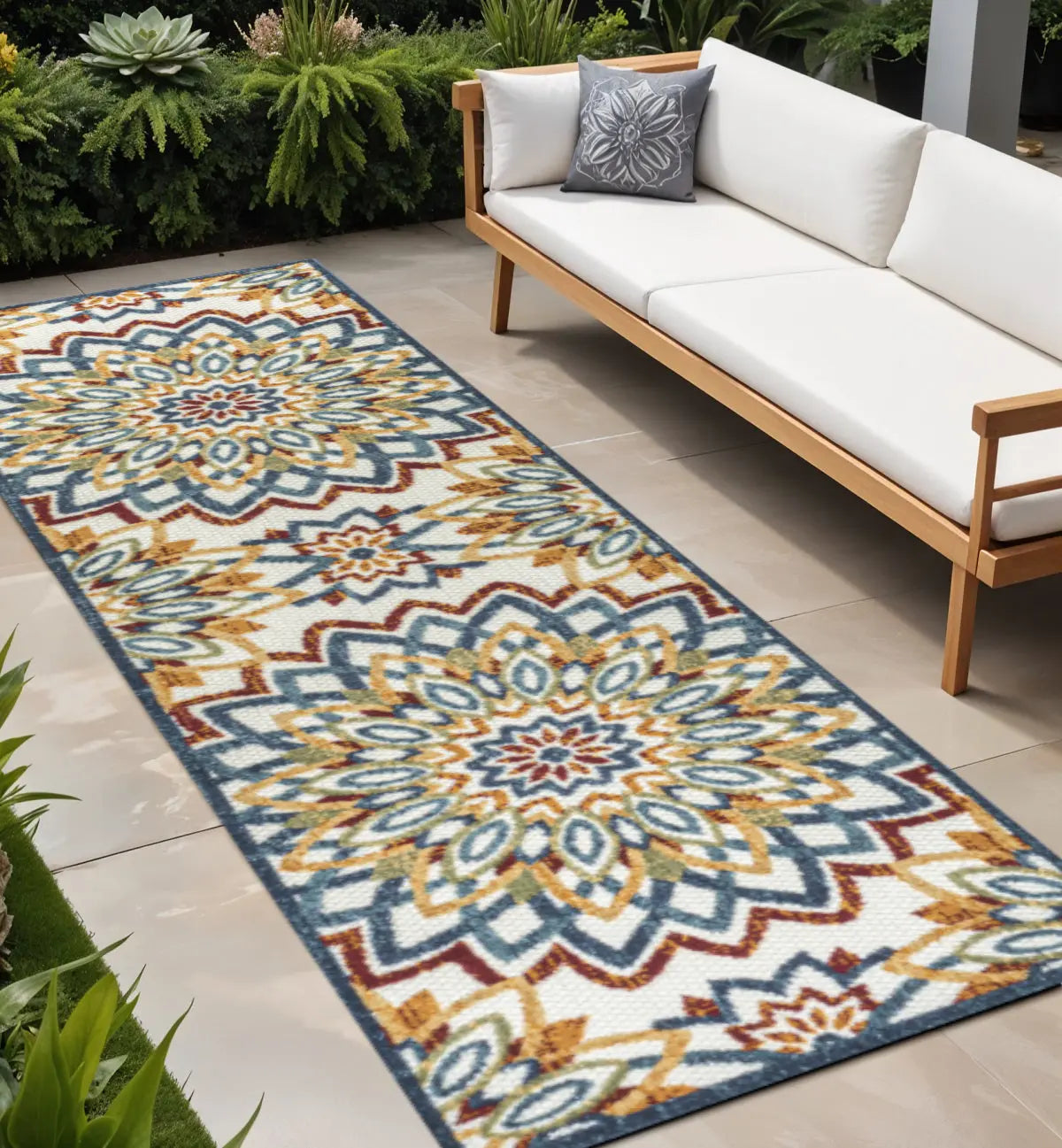 8' Red Blue And Yellow Medallion Indoor Outdoor Runner Rug Homeroots Outdoor