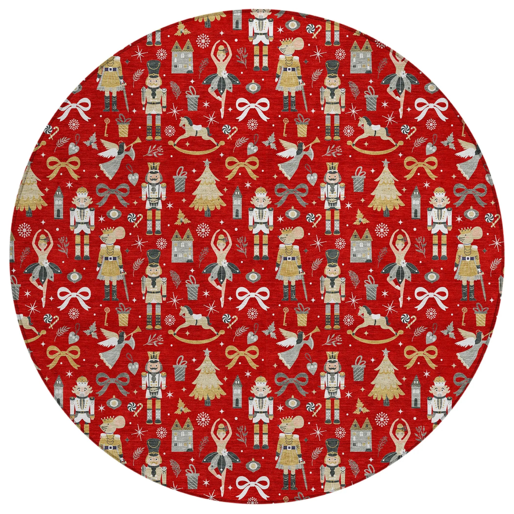 8' Red Gold Black And Gray Round Nutcracker Washable Indoor Outdoor Area Rug Homeroots Outdoor