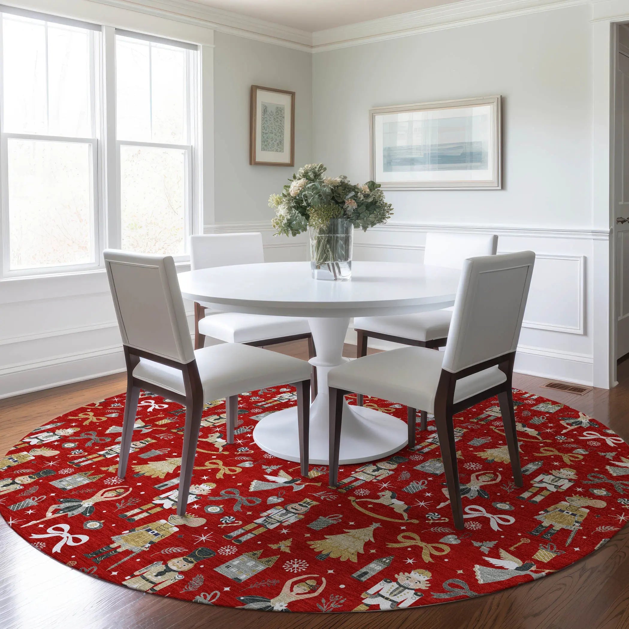 8' Red Gold Black And Gray Round Nutcracker Washable Indoor Outdoor Area Rug Homeroots Outdoor