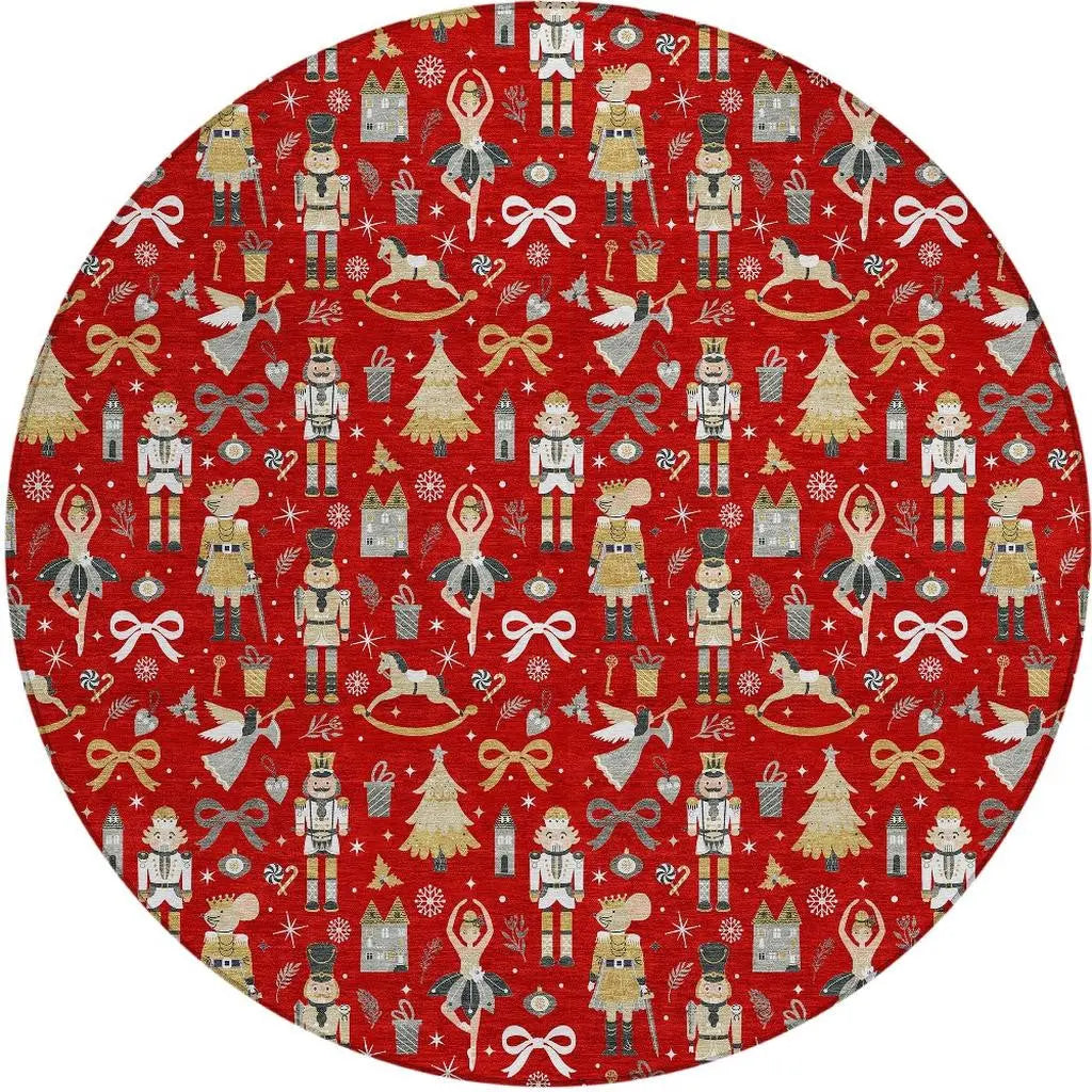 8' Red Gold Black And Gray Round Nutcracker Washable Indoor Outdoor Area Rug Homeroots Outdoor