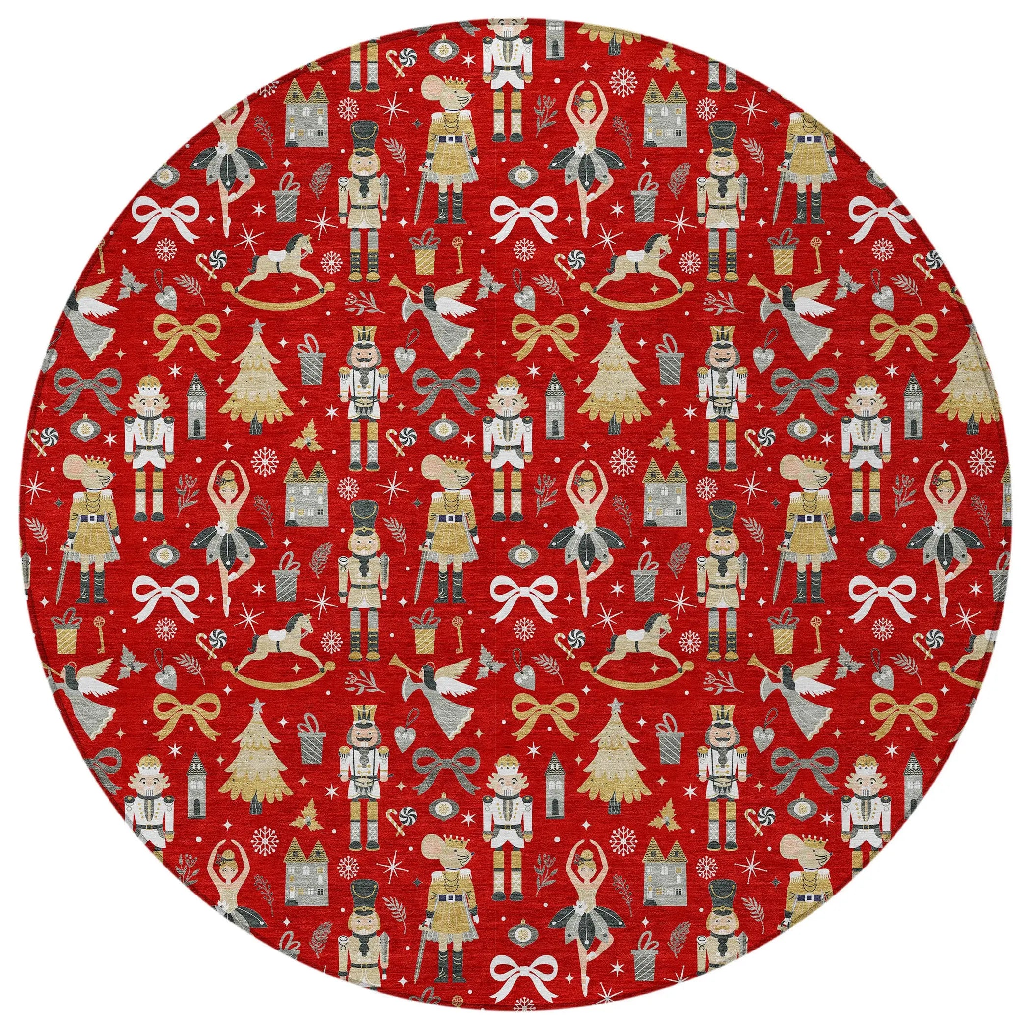 8' Red Gold Black And Gray Round Nutcracker Washable Indoor Outdoor Area Rug Homeroots Outdoor